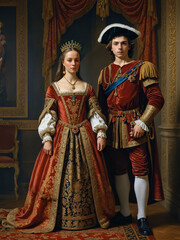 Renaissance-style portrait of a king and his queen, Generative AI	
