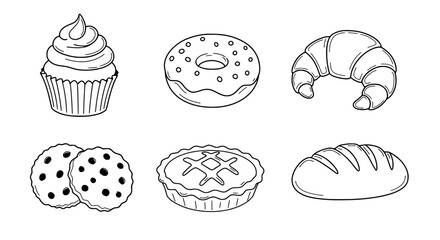 Bakery Delights: An array of delectable bakery items are artfully arranged, from a sweet cupcake and tempting donut to a flaky croissant, a pile of cookies, a lovely pie and fresh loaf of bread.