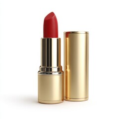 Obraz premium Red lipstick with golden case open on white background