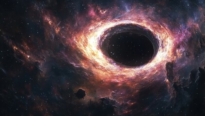 Black hole in space with surrounding colorful nebula and cosmic dust.