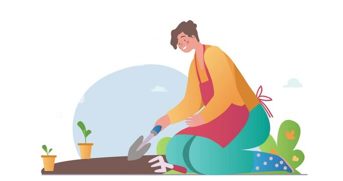 People enjoy gardening. Moving banner with happy man growing plants and planting flowers in soil. Farmer and gardener doing job. Agricultural hobby. Cartoon flat animated graphics