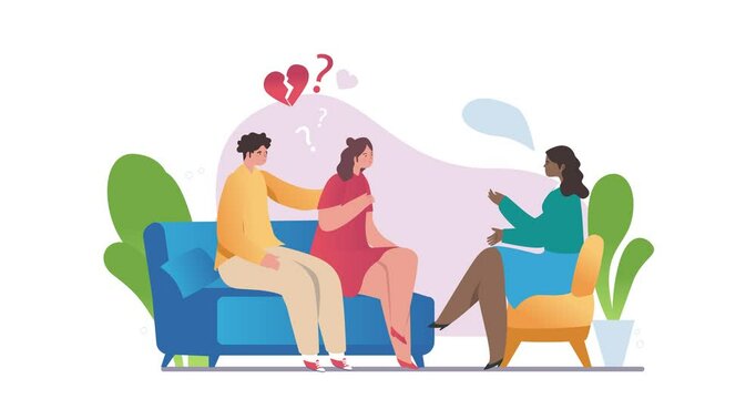 Psychotherapist session. Moving banner with young couple on verge of relationship breakup or divorce at family psychotherapy session with psychologist. Cartoon flat animated graphics
