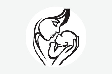 A black and white line art illustration of a loving mother gently holding and kissing her sleeping baby, 