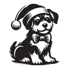 Adorable Christmas Puppy Silhouette Illustration Wearing Santa Hat and Bowtie