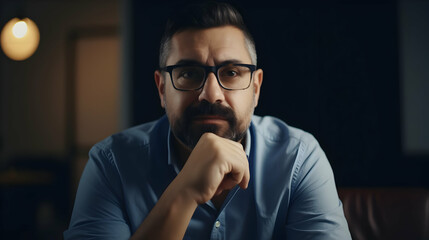 Fototapeta premium Thoughtful businessman with glasses looking at camera in a dark room setting
