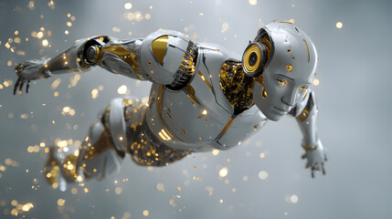 Naklejka premium Cybernetic Voyager: A futuristic android gracefully soars through a mesmerizing nebula of golden sparks, embodying the limitless potential of technology and the boundless spirit of exploration.