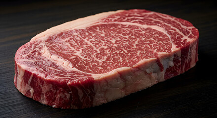 Fototapeta premium Marbled Ribeye Steak Ready For Culinary Preparation on Wooden Table