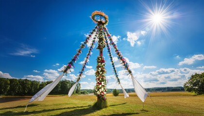 Midsummer celebrations with decorated Maypole on bright sunny day