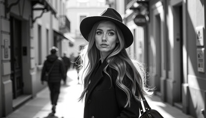 Chic young woman in a black coat and hat, contemplative expression, walking in the city street in black and white