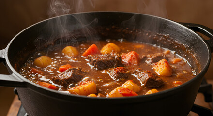 Hearty Beef Stew Simmering in a Black Cast Iron Dutch Oven Pot