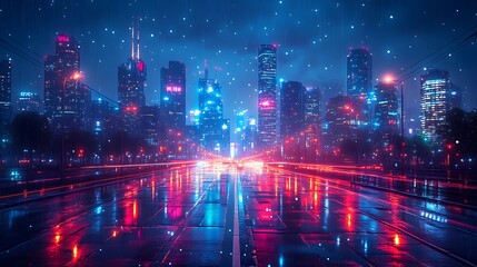 Obraz premium Neon-lit cityscape at night, reflecting in a wet roadway.