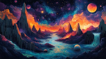Obraz premium Colorful alien landscape with vibrant planets and starry night.