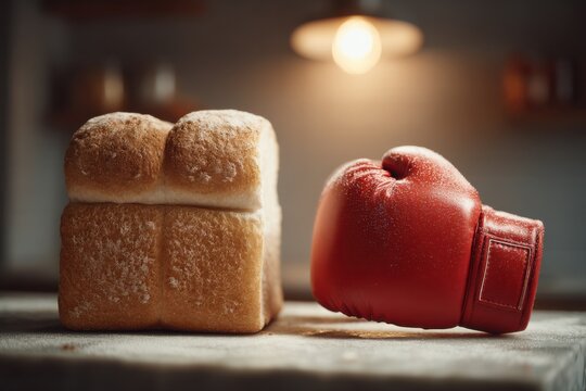 Boxing gloves face off against loaf of bread on a rustic table in a playful culinary showdown