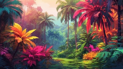 A lush, vibrant tropical scene showcasing a variety of plants. The foreground features large, colorful leaves in shades of pink and yellow, while blurred green foliage fills the background