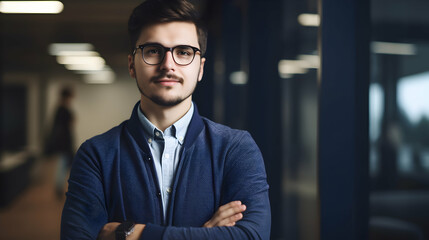 Confident young professional standing with arms crossed in modern office setting