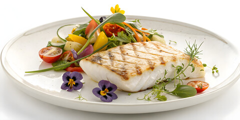Gourmet Grilled White Fish Fillet with Vegetables and Edible Flowers on Elegant Plate