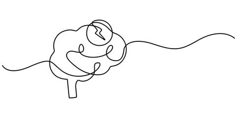 Headache Single Line Icon, Continuous Line Drawing of Brainstorming Icon. Hand Drawn Symbol Vector Illustration, brain energy continuous one line drawing, minimalist  monoLine Drawing of Anxiety Icon.