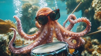 An octopus wearing sunglasses and playing the drums underwater --ar 16:9 --v 6.1 Job ID: 6f4fe6d9-fbbf-43f9-8103-53ad444d28e7