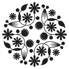Abstract Monochrome Floral Circle Motif Vector Black silhouettes. with white background