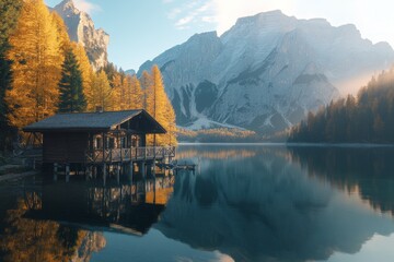 Obraz premium Autumn chalet by a mountain lake at sunrise