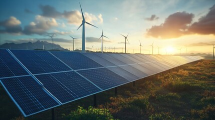 The generation of sustainable green energy using solar energy panel photovoltaic cells and wind turbine farms is a friendly enterprise. Concept of clean, sustainable development.
