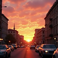 Retro sunset cityscape with vintage film grain effect