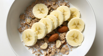 Healthy Cereal With Banana Slices And Nutritious Almonds For A Wholesome Breakfast