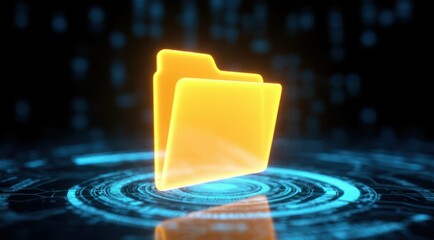 Glowing orange folder icon with cyber hud, data organization and tech concept