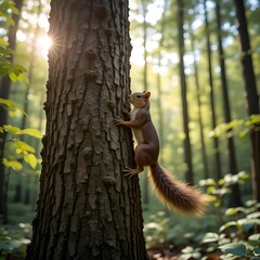 Fototapeta premium Adorable Red Squirrel Climbing Tree in Sunlight