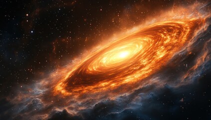 A vibrant galaxy with swirling orange and yellow light against a dark background.