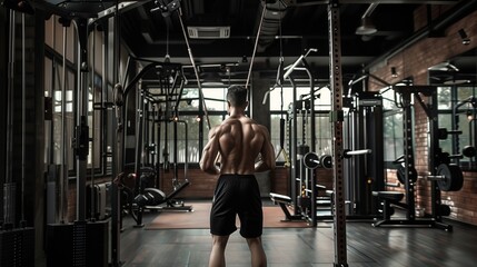 Obraz premium A man stands in the gym, hands on hips, balancing on one leg