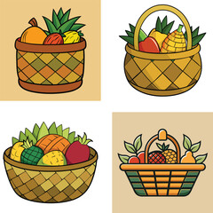 Colorful Cartoon Fruit Baskets With Pineapple Orange Apple And Tropical Leaves