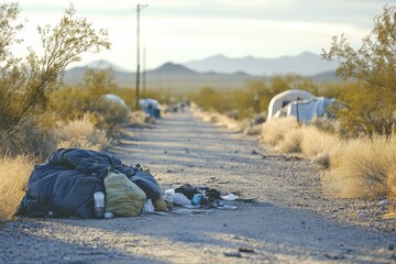 Homeless encampment along a desert road in the morning light