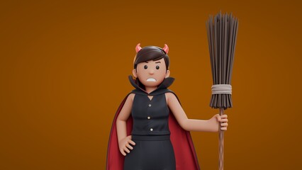 3D Cartoon dracula girls angry while holding witch broom Halloween Celebration