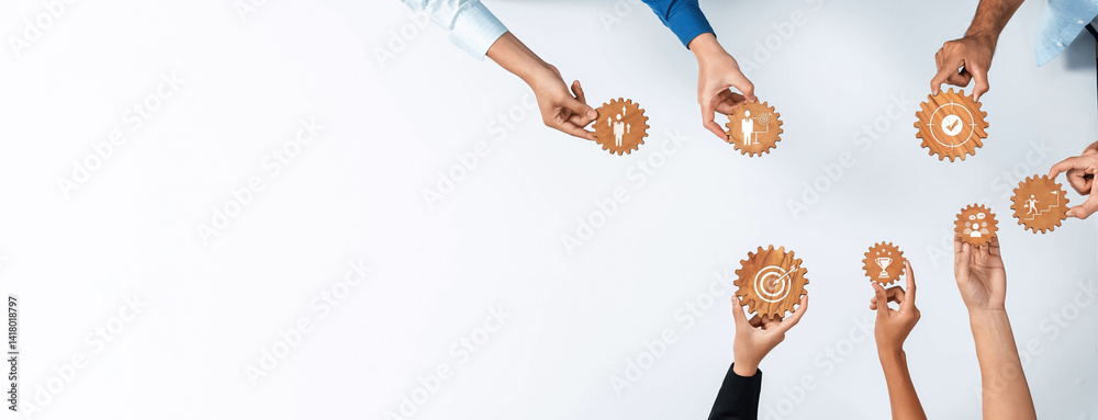Leinwandbilder Diverse hands collaborating over gears representing ideas and strategies in a business environment. The scene emphasizes teamwork and innovative solutions. Amity