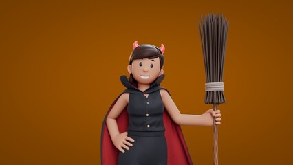 3D Cartoon dracula girls smiling while holding witch broom Halloween Celebration