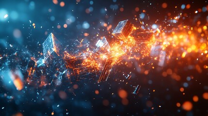 Obraz premium Explosive fragmentation of icy and fiery cubes.