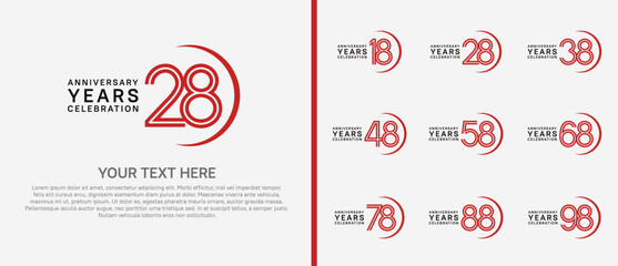 logo anniversary set. red and black color with swoosh on white background for special event