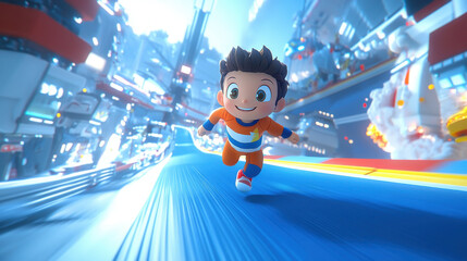 Joyful Boy Running in Futuristic Cityscape 3D Render