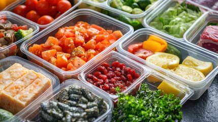 The photo shows a variety of fresh and healthy food in plastic containers.