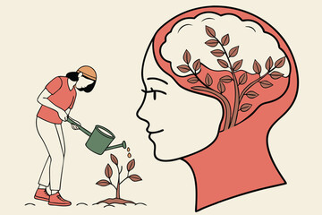 Growth mindset, personal development or improvement, training to believe to success, motivation or coaching, growing attitude concept, man watering on plantation seedling growing from head brain.
