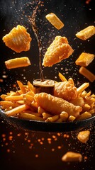 Crispy Fried Fish and Potato Wedges Delicious Food Photography