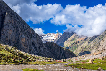 View enroute to Hampta pass hiking trail near 'shea goru' camp site in Lahaul spiti near Manali, Himachal Pradesh, India.