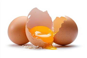 A vibrant golden egg yolk spills from its cracked shell showcasing the rich creamy texture against a bright white background with