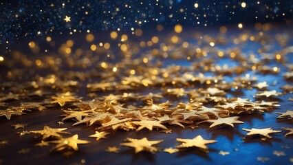 A festive arrangement featuring sparkling gold stars of various sizes scattered on a soft, white background that resembles snow