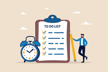To do list, task management or completion tracking or reminder to finish assignment, work planning or schedule concept, productive businessman with pencil and to do list clipboard with alarm clock.