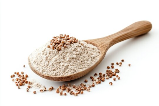 A rustic wooden spoon overflowing with light beige teff flour accented by scattered teff grains against a bright white background