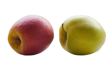Red and yellow apples stacked on a white background
