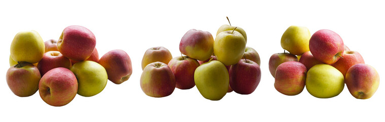 Red and yellow apples stacked on a white background
