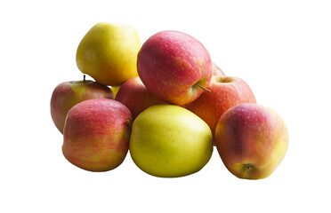 Red and yellow apples stacked on a white background